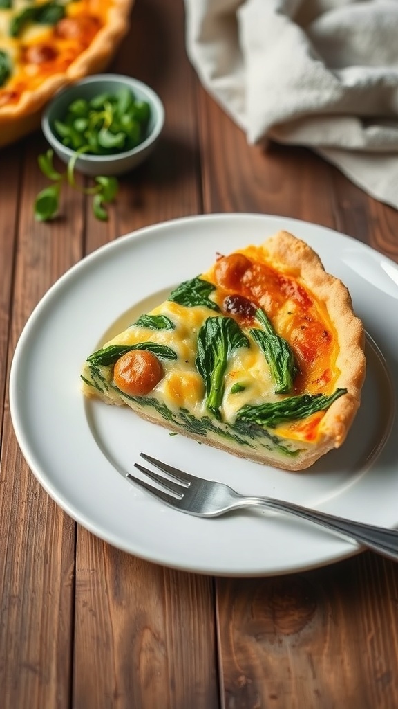 Crustless Low Carb Quiche Recipe A slice of crustless low carb quiche with spinach and cheese on a plate, garnished with herbs.
